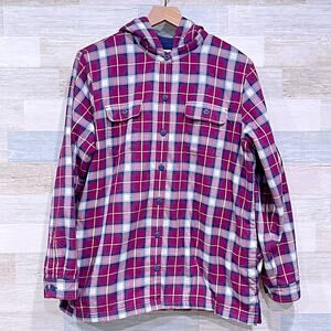 LL Bean Hooded Fleece Lined Shacket Red Blue Plaid Shirt Jacket Womens Large